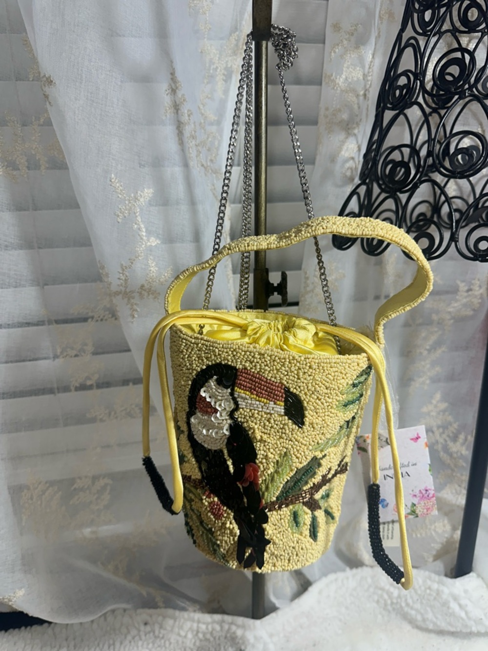 Made in India beaded yellow and black toucan tropical bucket crossbody bag